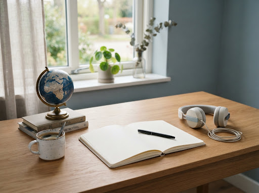 Editorial still life photography of a tidy wooden desk with an open notebook, a small world globe, modern headphones, and a ceramic cup of coffee