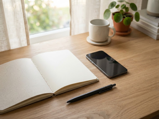 Caderno, celular e caneta organizados na mesa
